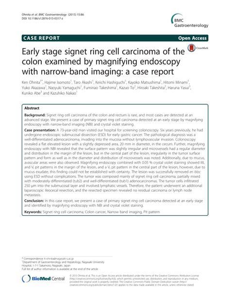 Pdf Early Stage Signet Ring Cell Carcinoma Of The Colon Examined By Magnifying Endoscopy With