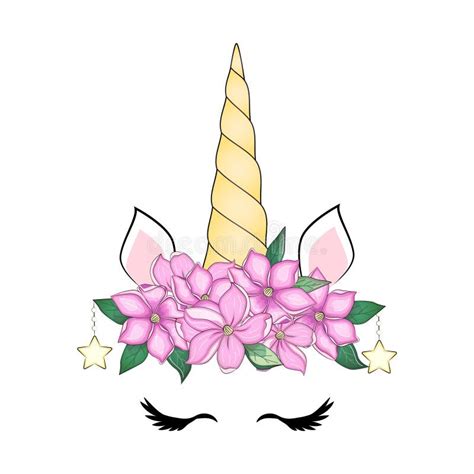 Cute Unicorn With Floral Wreath And Gold Glitter Horn Vector Hand