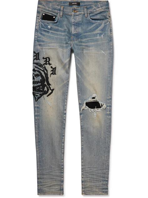 Amiri Wes Lang Skinny Fit Distressed Embroidered Jeans Blue Amiri