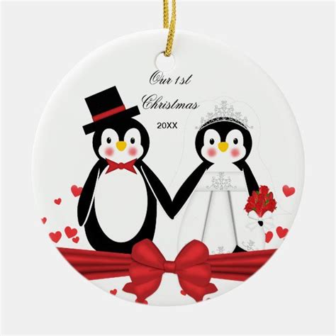 Cute Penguin Couple Wedding 1st Christmas Ornament Zazzle Penguin