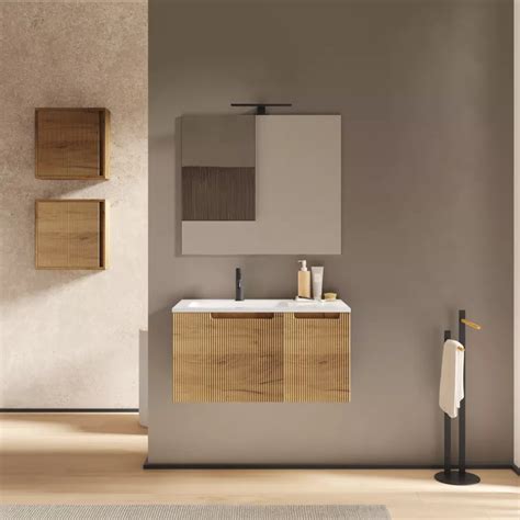 Mobile Bagno Sospeso Cm Rovere Europeo Cannettato E Specchio Konai