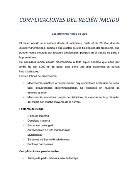 Complicaciones Del Reci N Nacido Complicaciones Del Nacido Las