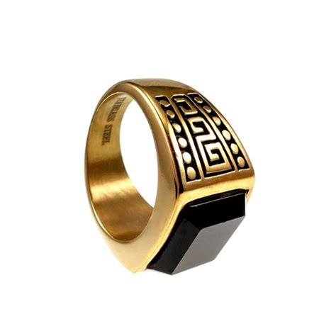 Zegelring Heren Verguld Rvs Goudkleurige Herenring Met Zwarte Onyx