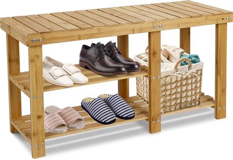 Amazon SONGMICS Shoe Rack Bench 3 Tier Bamboo Shoe Storage