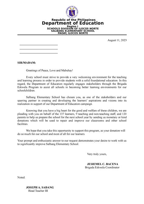 Brigada Eskwela Solicitation Letter Republic Of The Philippines