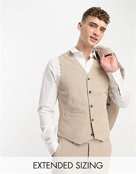 Asos Design Wedding Skinny Suit Vest In Linen Mix In Micro Texture In