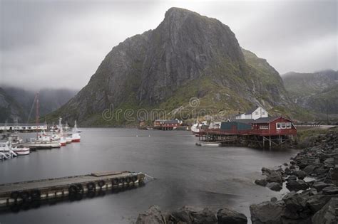 Red Fishermen Cabins In The Fishing Village Of Reine In Lofoten Islands