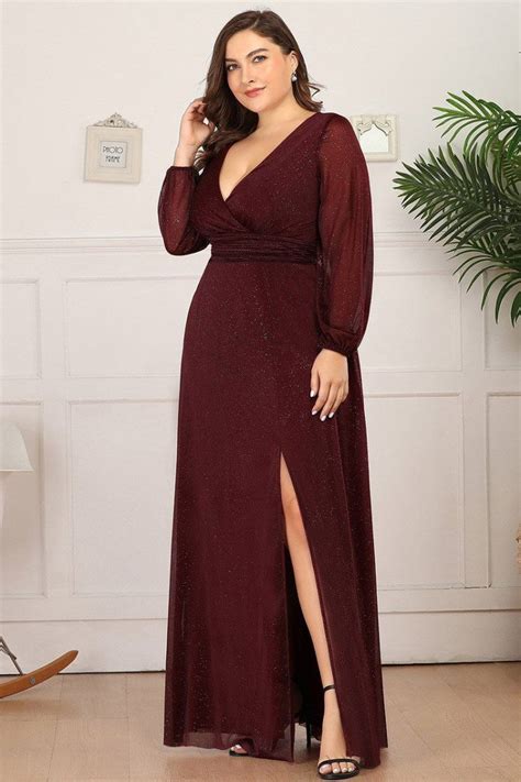 Plus Size Burgundy Vneck Formal Dress With Long Sleeves Side Split 6448 Ep00739bd16