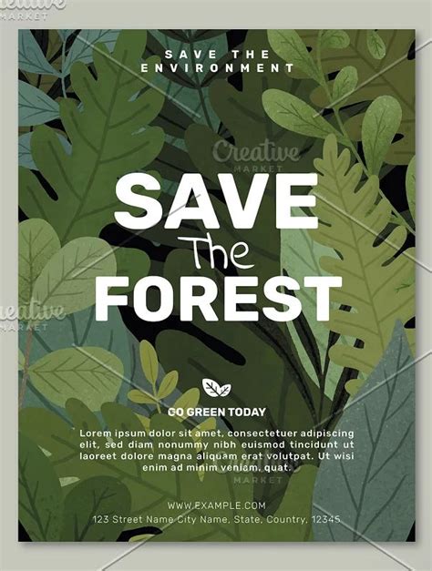 save the forest flyer template with green leaves