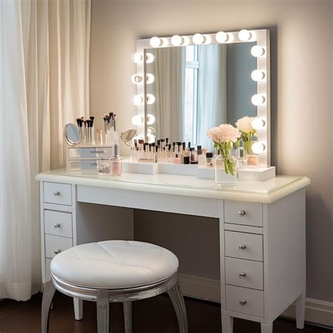 Premium Photo | White vanity with a Hollywoodstyle mirror