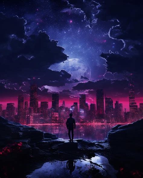 Premium Ai Image Anime City Skyline With A Man Standing On A Rock