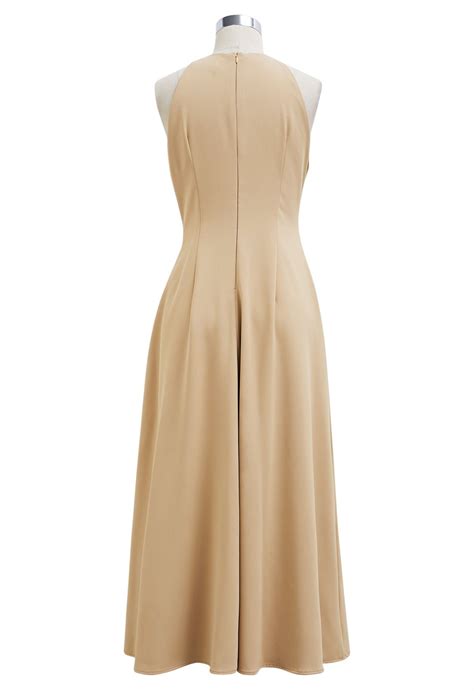 Refined Halter Neck Panelled Midi Dress In Camel Retro Indie And