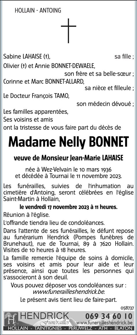 Avis De Décès De Nelly Bonnet Décédé Le 11 11 2023 à Tournai Annonce