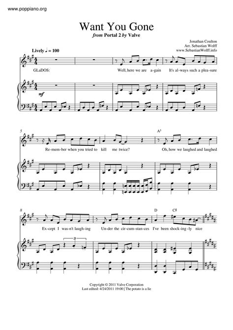 Jonathan Coulton Want You Gone Portal 2 Sheet Music Pdf Free Score