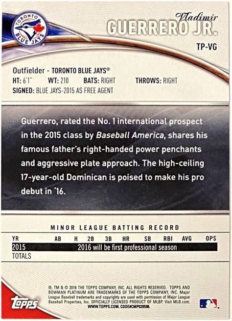 Vladimir Guerrero Jr 2016 Bowman Platinum Toronto Blue Jays Baseball