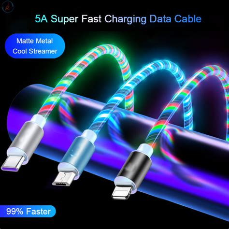 5a Fast Charging Cable Led Luminous Glow Flowing Usb Cable Colorful