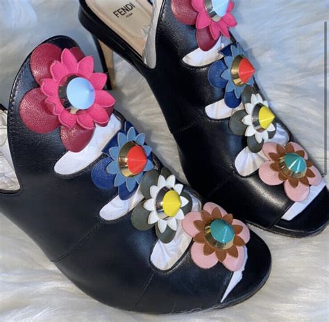 Fendi Black Leather Floral Applique Mule Sandals Reta Gem