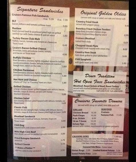 Menu at Cruisers Diner restaurant, Seaman