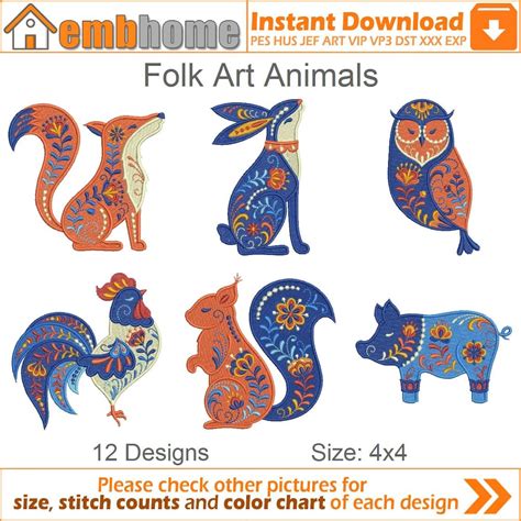 Folk Art Animals Machine Embroidery Designs Pack Instant Download 4x4 ...