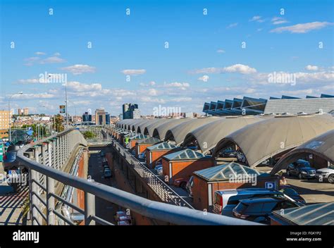 Perspective view of the outdoors Atocha train station, Madrid city ...