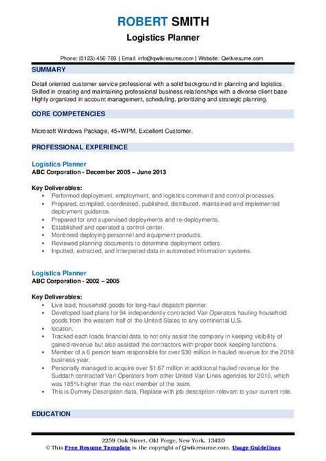 Logistics Planner Resume Sample Master Of Template Document