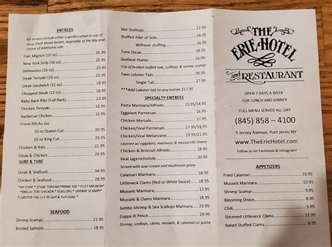 Menu At The Erie Hotel Restaurant Port Jervis