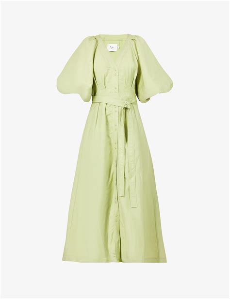 Aje Evermore Puff Sleeve Linen Blend Midi Dress In Green Lyst Uk