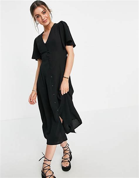 Asos Design Button Through Tie Back Midi Tea Dress With Angel Sleeves