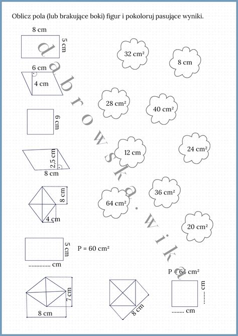 Pole prostokąta kwadratu równoległoboku i rombu karta pracy Złoty