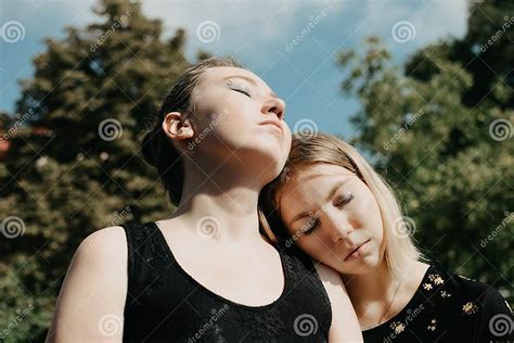 Lgbt Lesbian Couple Love Moments Concept Two Young Lesbians Girls Hugging And Walking Outdoors