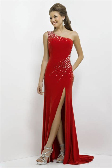 One Shoulder Side Slit Sweep Train Cut Out Long Red Jersey Prom