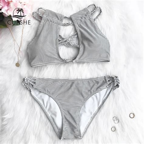 CUPSHE Love More Stripe Bikini Set Women Cut Out Cross Halter Padding