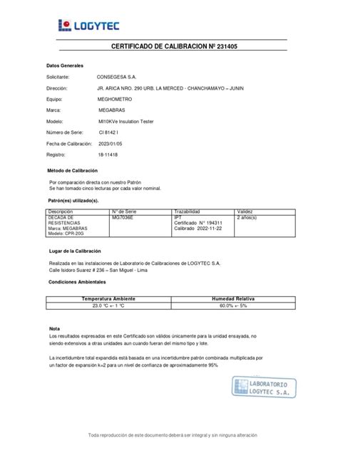 Certificado De Calibracion Del Meghometro Pdf Calibración Metrología