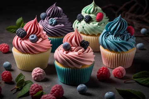 Premium Ai Image A Colorful Assortment Of Cupcakes With Swirled Cream