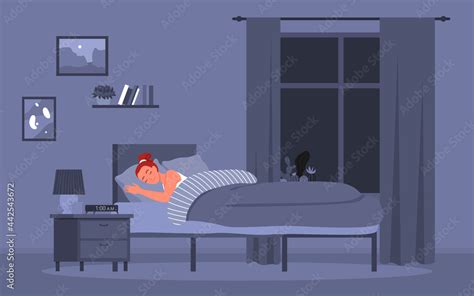 Girl sleeping in bed, healthy sleep at night, sweet dreams vector ...