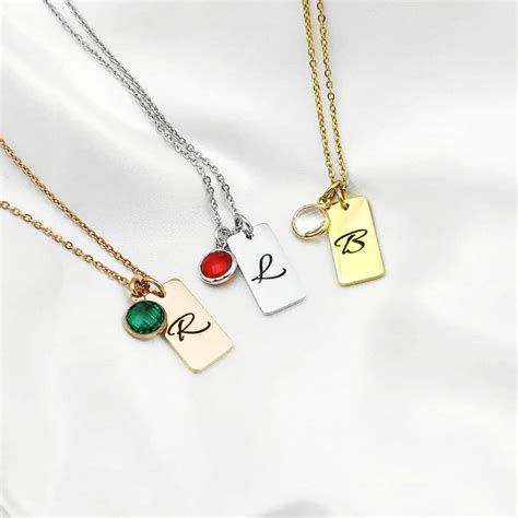 Script Initial Birthstone Plate Necklace Charm Bear