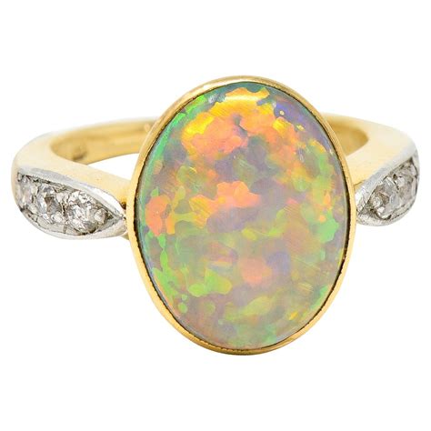 Edwardian Harlequin Australian Black Opal Diamond Karat Gold Ring At