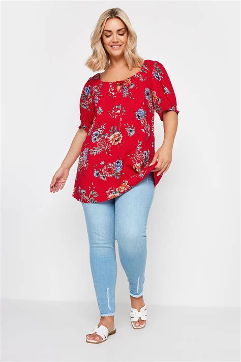 Yours Plus Size Red Floral Print Tie Neck Top Yours Clothing