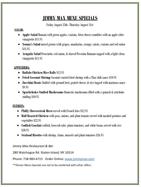 Jimmy Max Weekly Dinner Menu Specials Jimmy Max Menu Specials Online