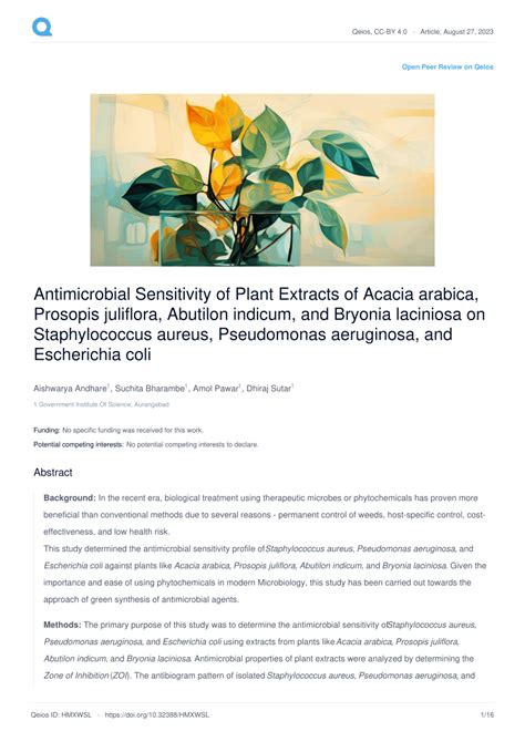 Pdf Open Peer Review On Qeios Antimicrobial Sensitivity Of Plant