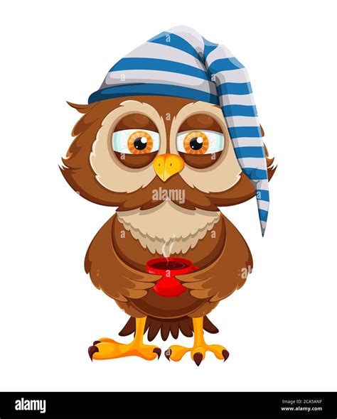 Cute sleepy owl holding a cup of coffee. Funny owl cartoon character. Vector illustration on ...