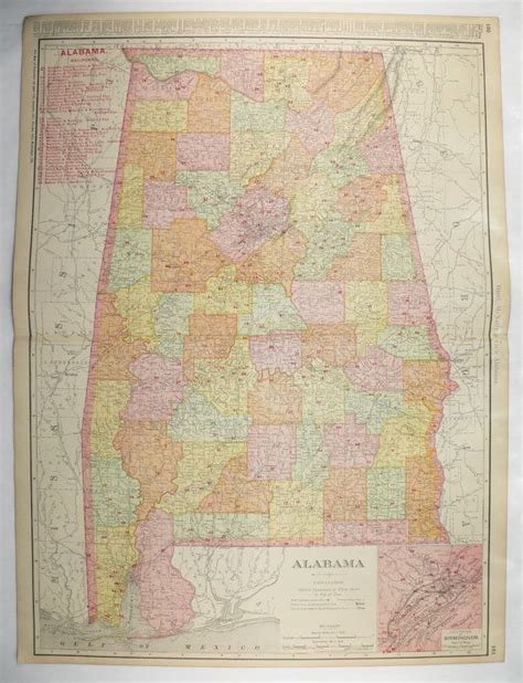 Large Alabama Map 1903 Vintage Railroad Map