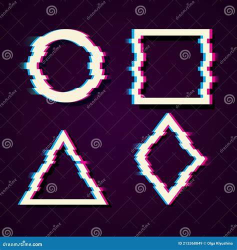 Vector Set Of Frames In Distorted Glitch Style Circle Square