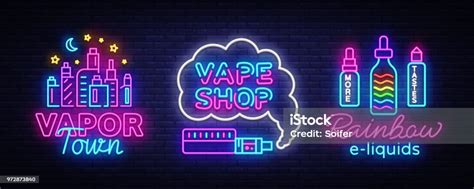 Vetores De Vetor De Coleção Do Sinal De Néon De Loja Vape Vaping Loja