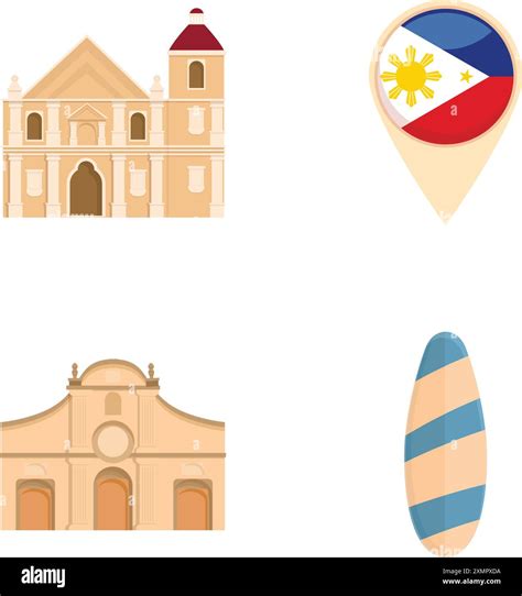 Philippines Landmark Icons Set Cartoon Vector Philippine Flag And