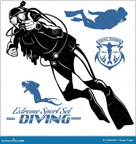 Set Of Scuba Diver Silhouette And Diving Labels Stock Vector