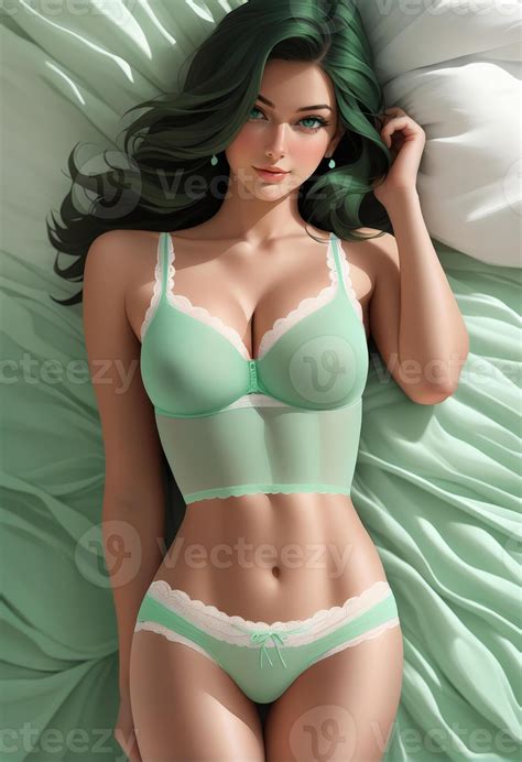 AI Generated Illustration Of A Woman With Green Hair In Mint Lingerie