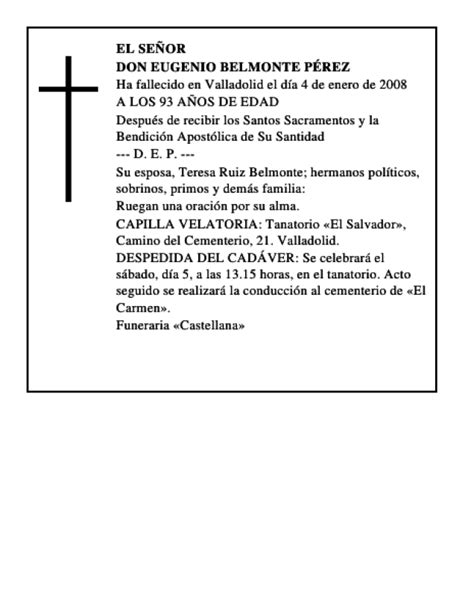 Don Eugenio Belmonte P Rez Esquela Necrol Gica El Norte De Castilla