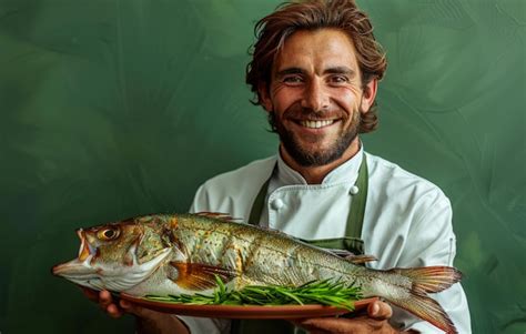 Um homem está segurando um peixe em um prato e sorrindo O peixe está em