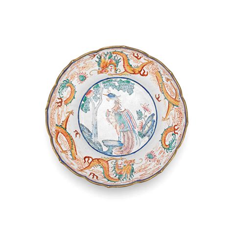 Bonhams A Painted Enamel Flower Form Dragon And Phoenix Dish